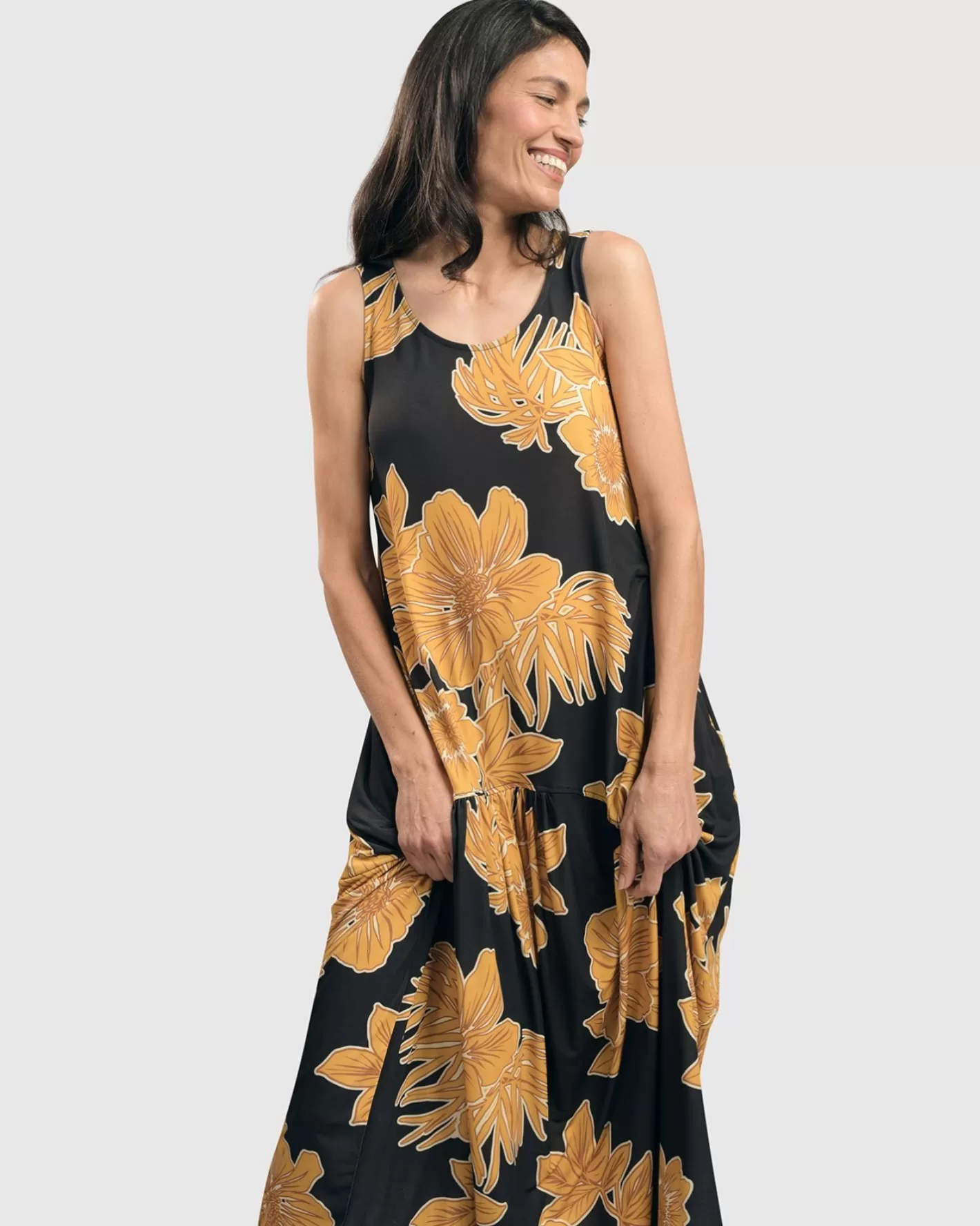 Aloha Sleeveless Maxi Dress, Gold-ALEMBIKA New