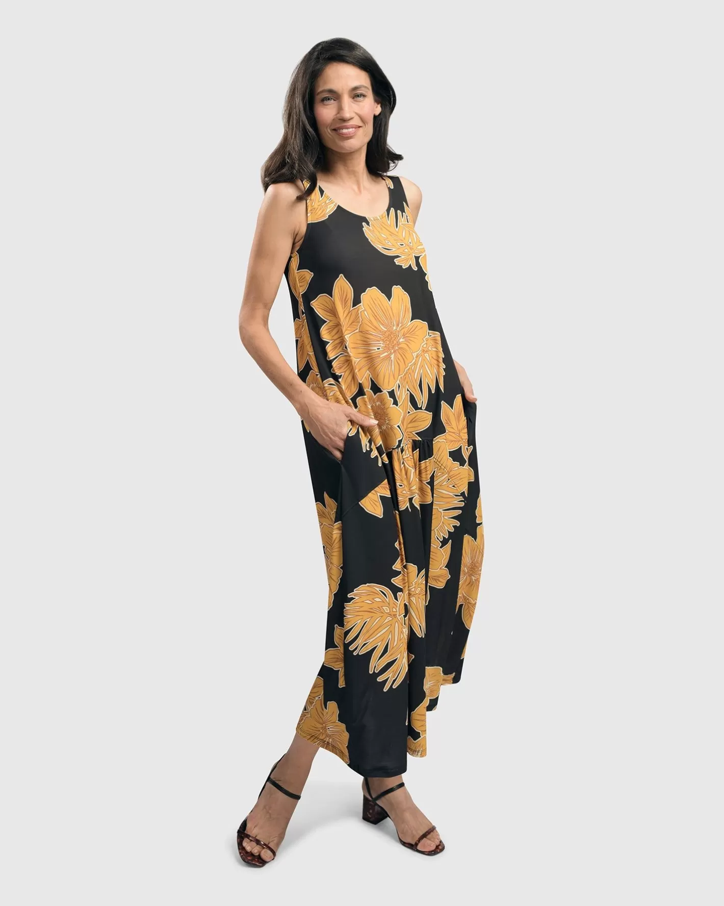 Aloha Sleeveless Maxi Dress, Gold-ALEMBIKA New