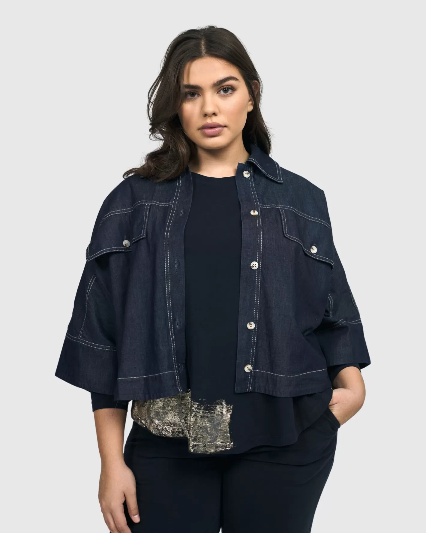 Dallas Cropped Shirt Jacket, Denim-ALEMBIKA New