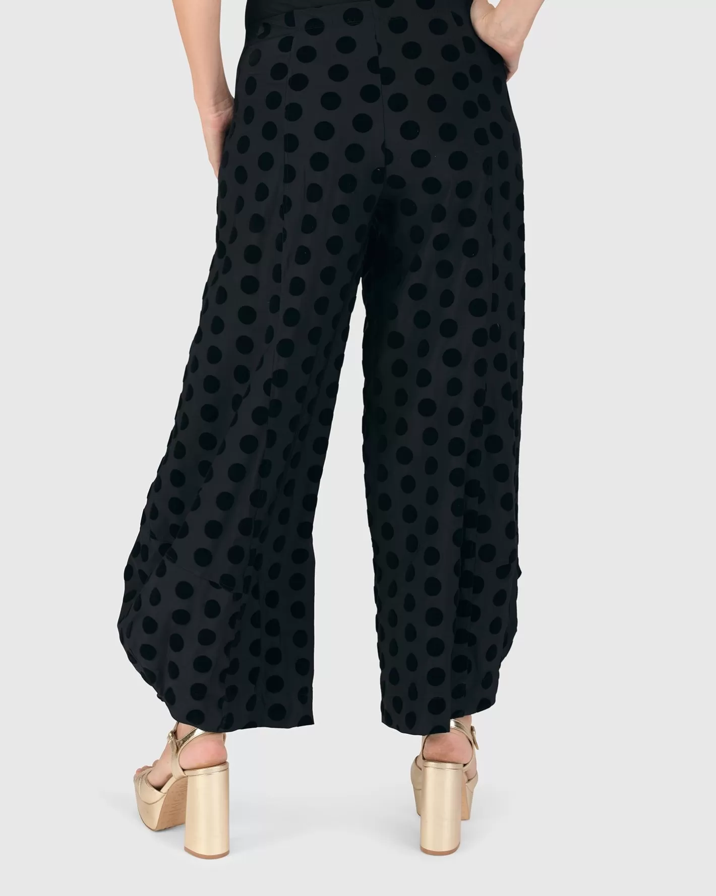 Dot Flocked Punto Pants, Black-ALEMBIKA Fashion