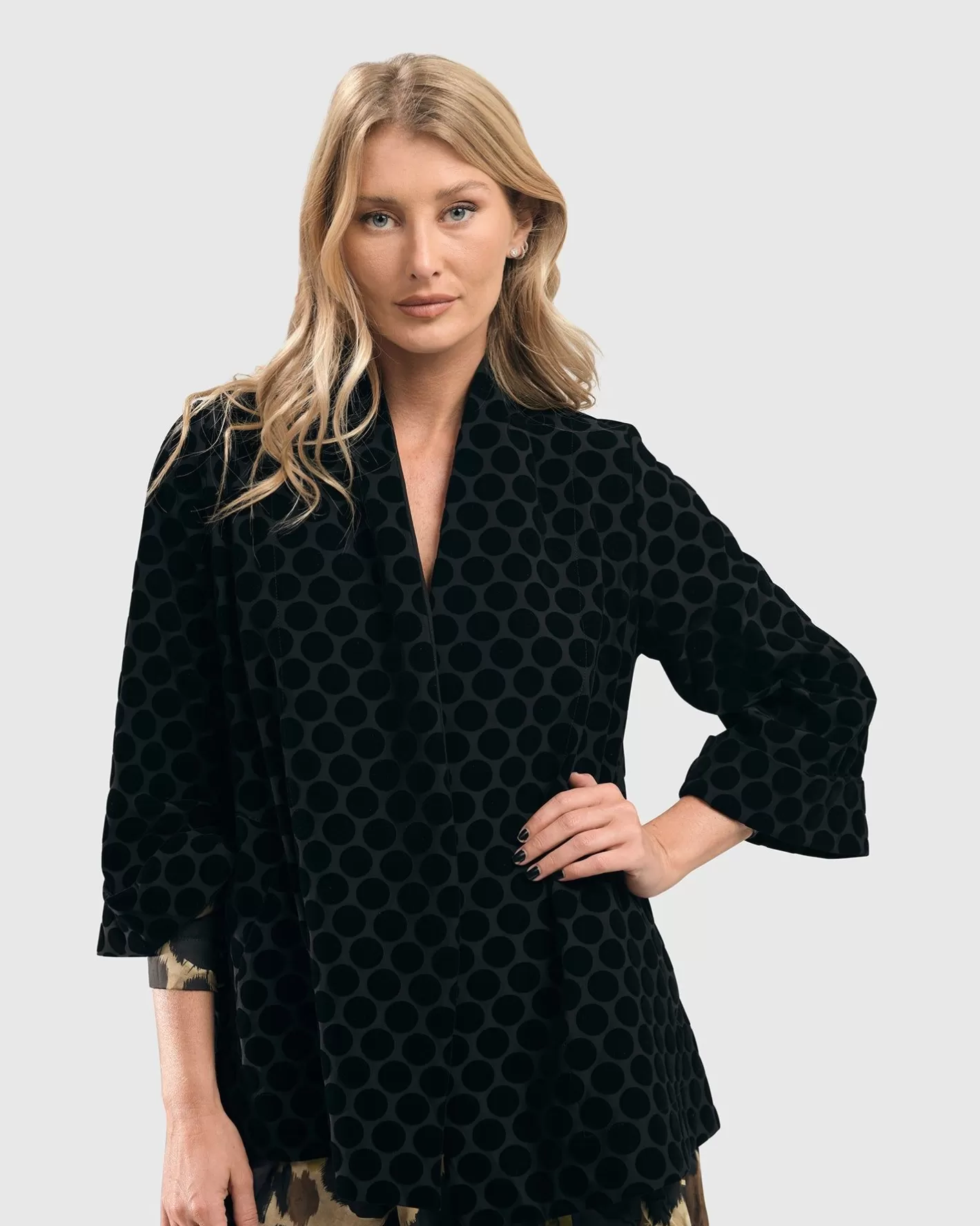 Dot Flocked Swing Jacket, Black-ALEMBIKA Online