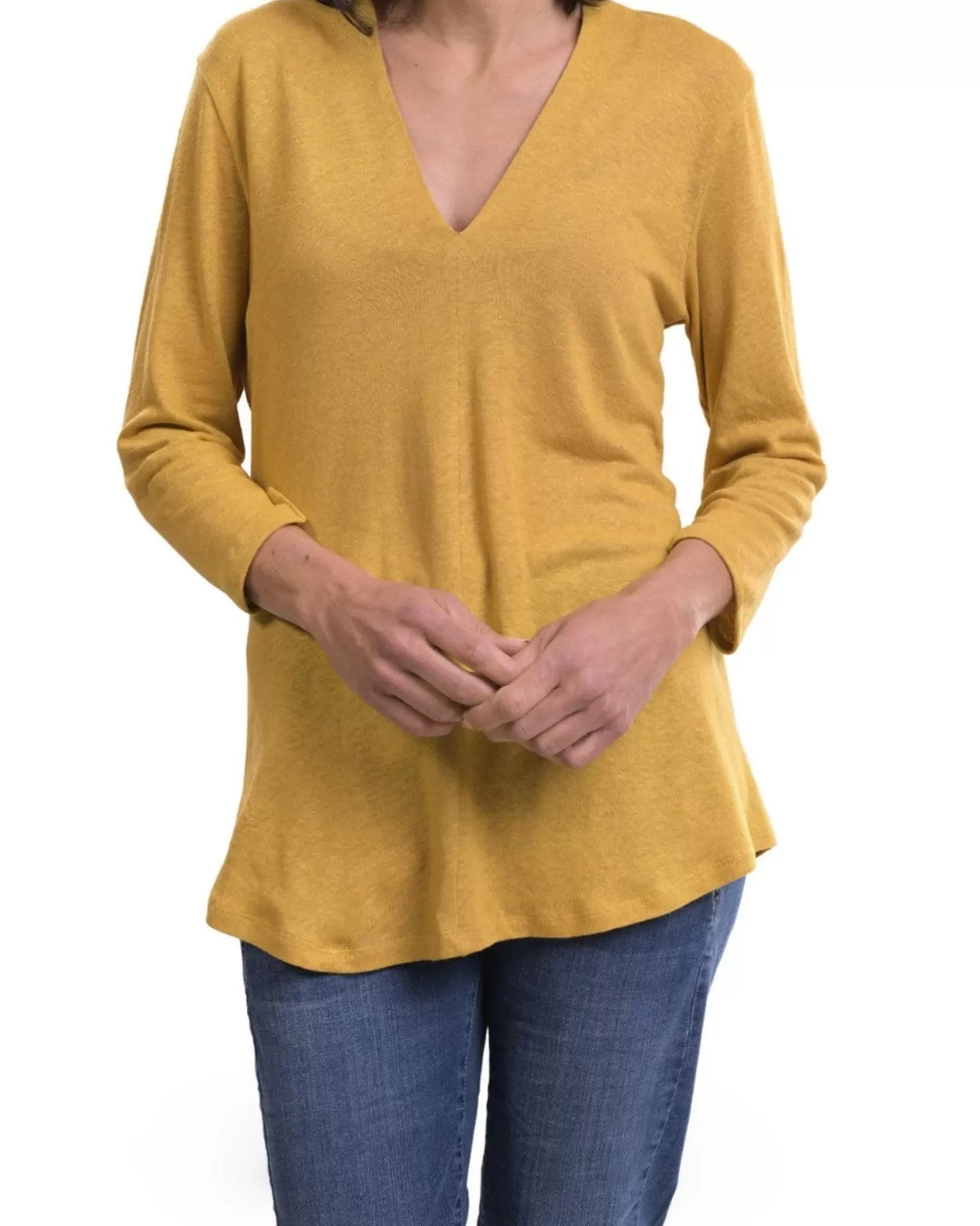 Essential Linen V-Neck Top, Yellow-ALEMBIKA Clearance