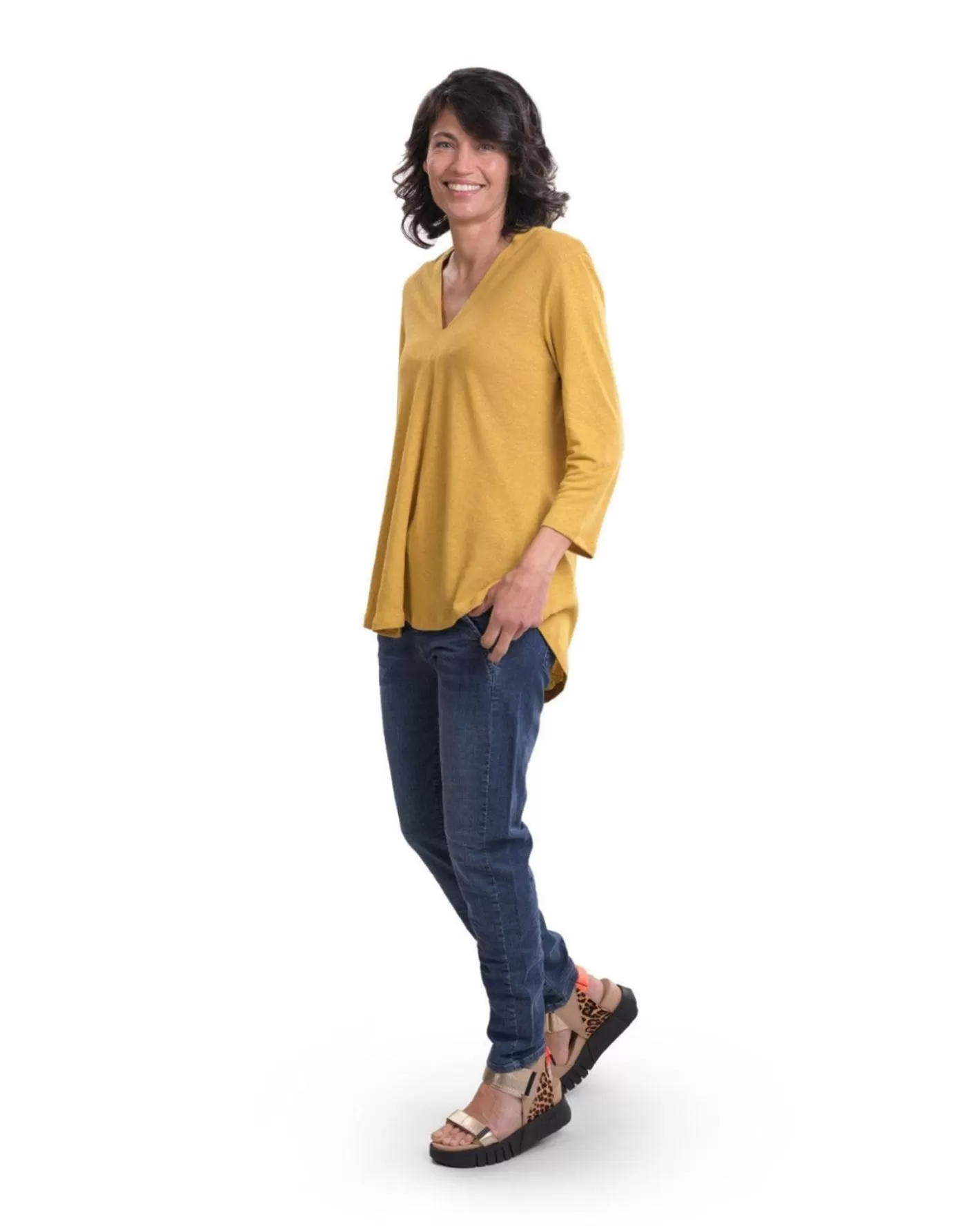 Essential Linen V-Neck Top, Yellow-ALEMBIKA Clearance