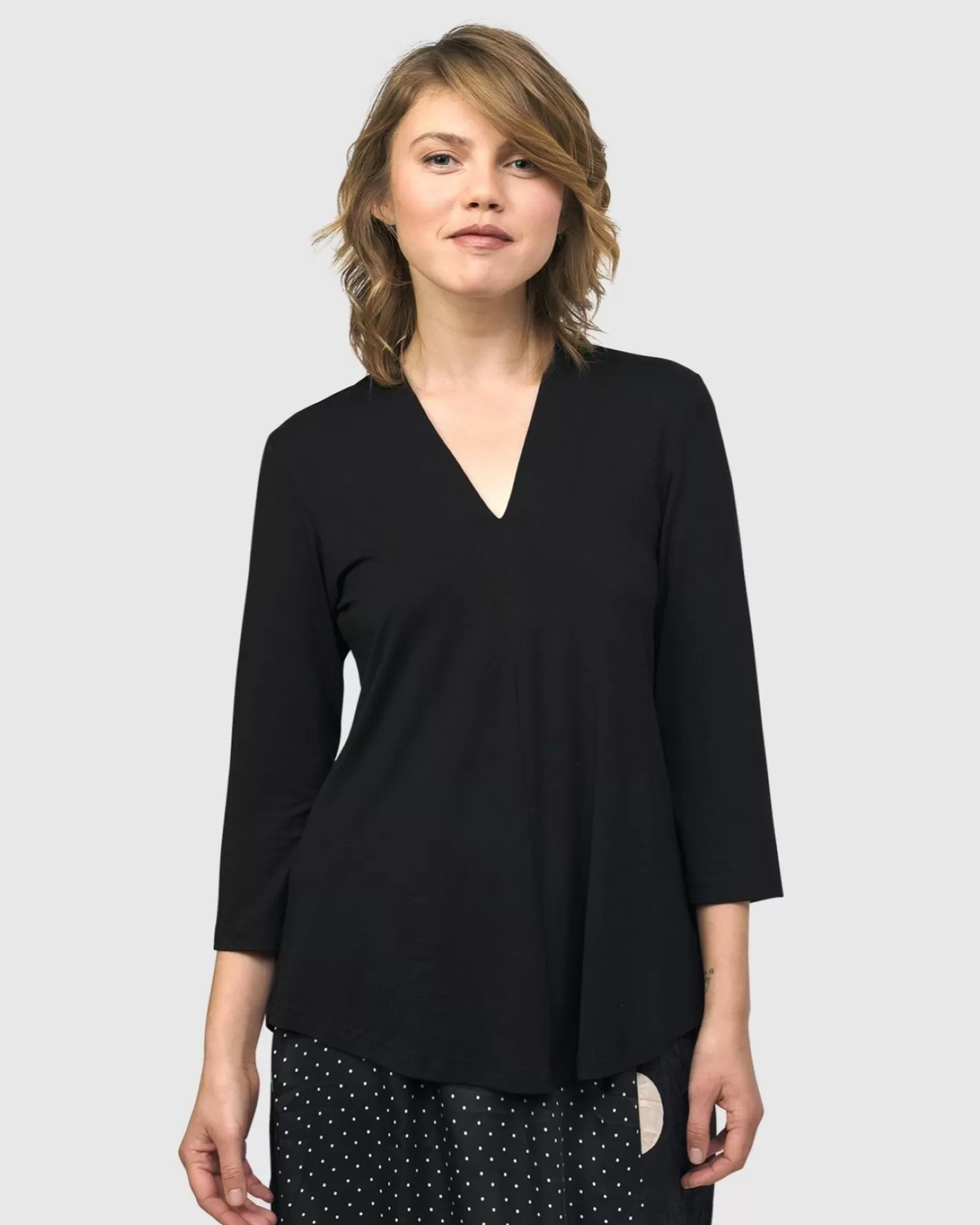 Essential V-Neck Top, Black-ALEMBIKA Clearance