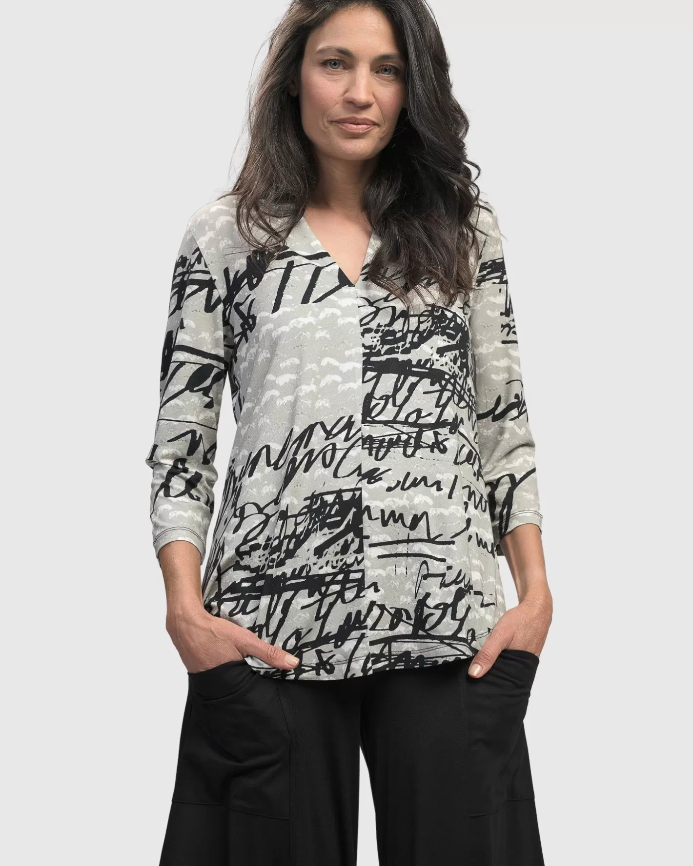 Flirty Signature V Neck Top, Script-ALEMBIKA Store