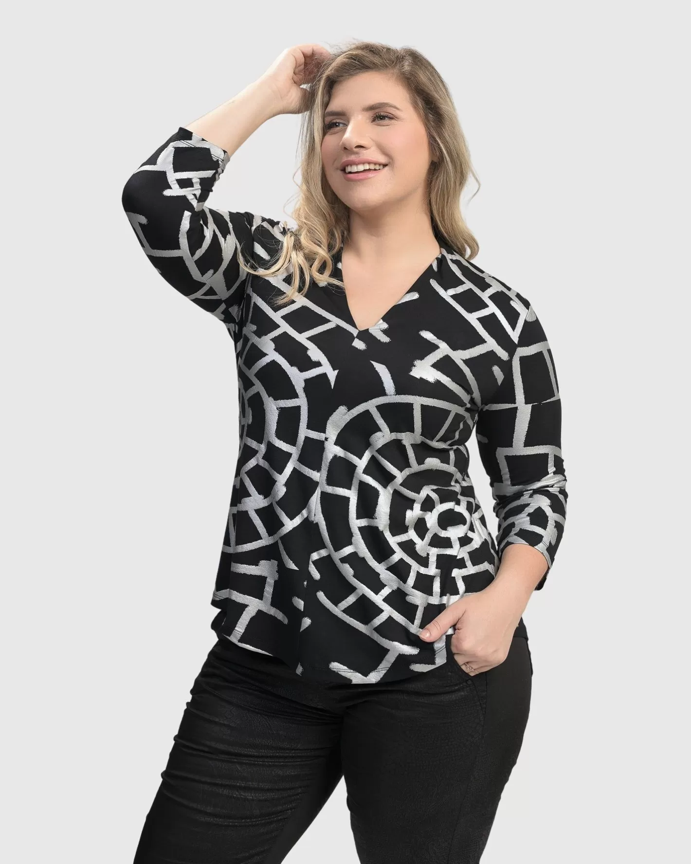 Hypnotic Signature V Neck Top, Silver-ALEMBIKA Fashion