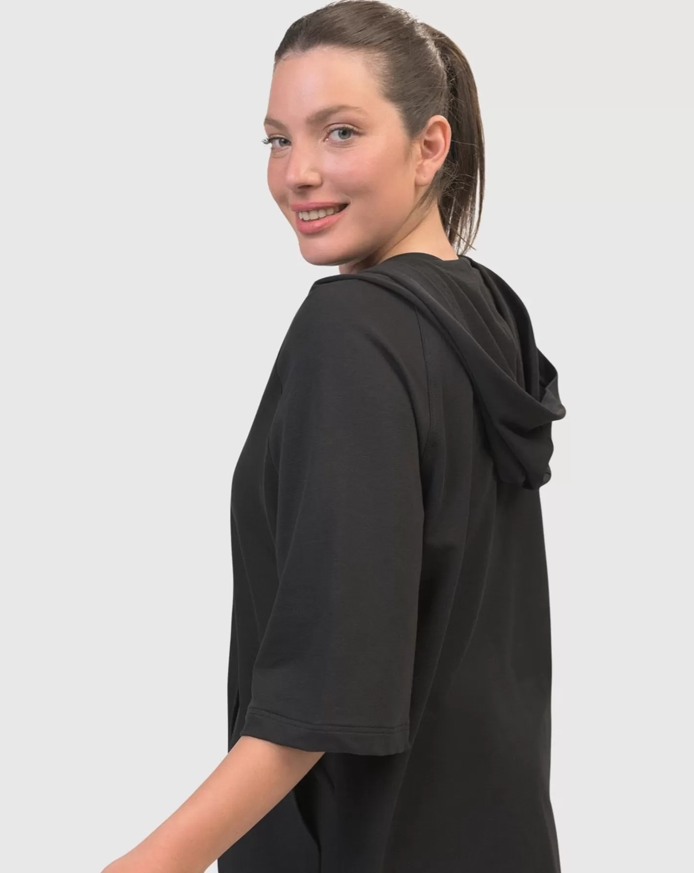 Inhale Hooded Hi-Lo Top, Solid Black-ALEMBIKA Outlet