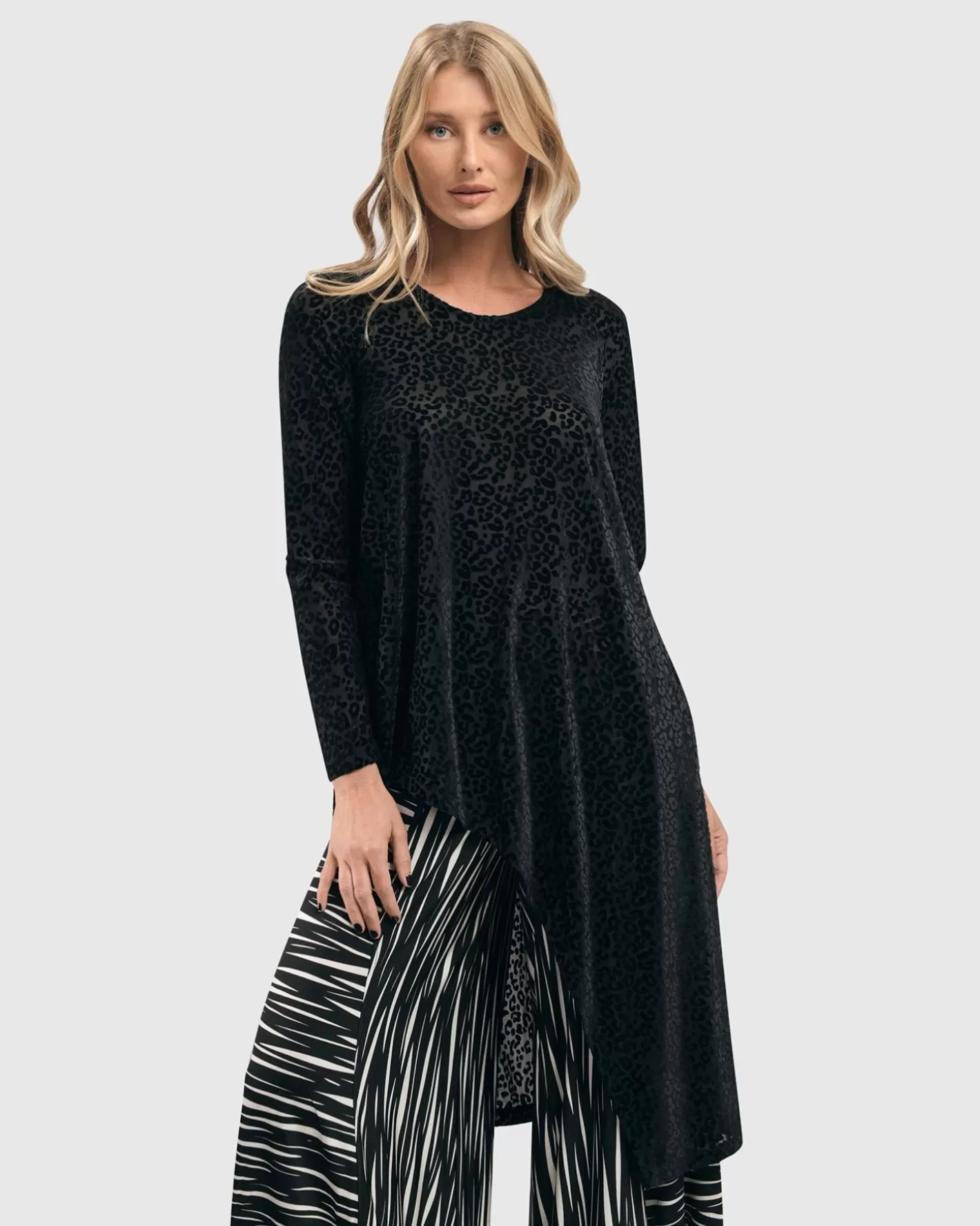 Leo Flocked Velvet Hi-Lo Tunic Top, Black-ALEMBIKA Shop