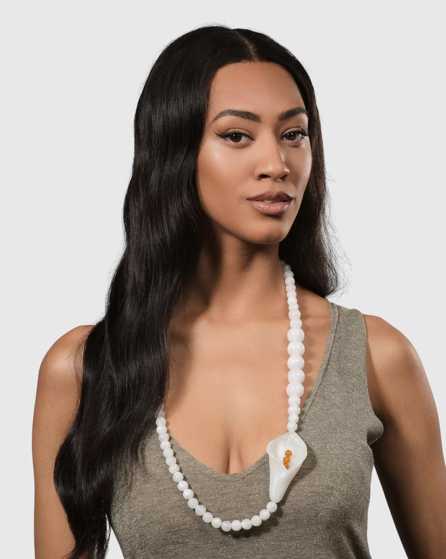 Lily Bead Necklace, White-ALEMBIKA Fashion