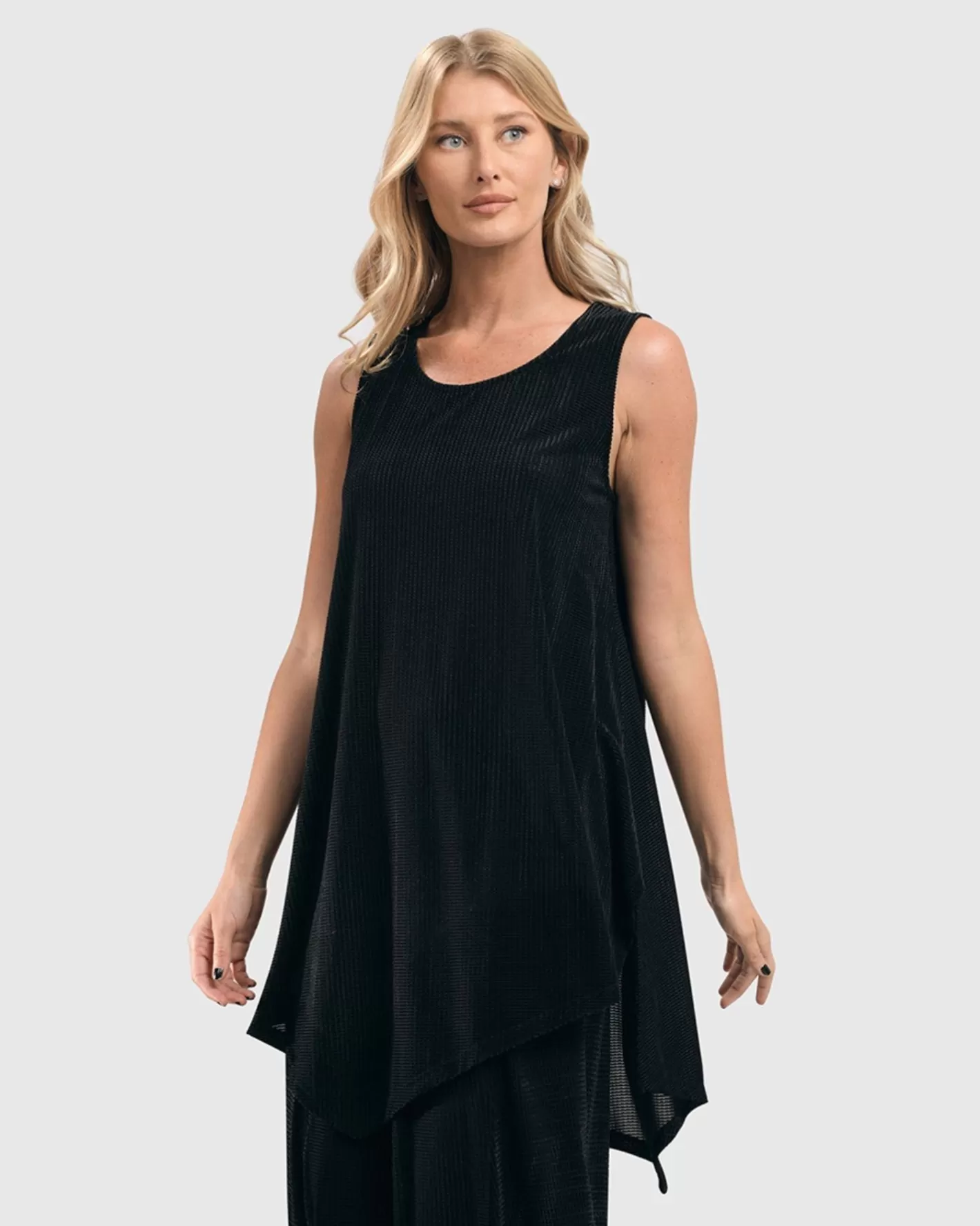 Liv Sleeveless Tunic Top, Black Grid-ALEMBIKA Clearance