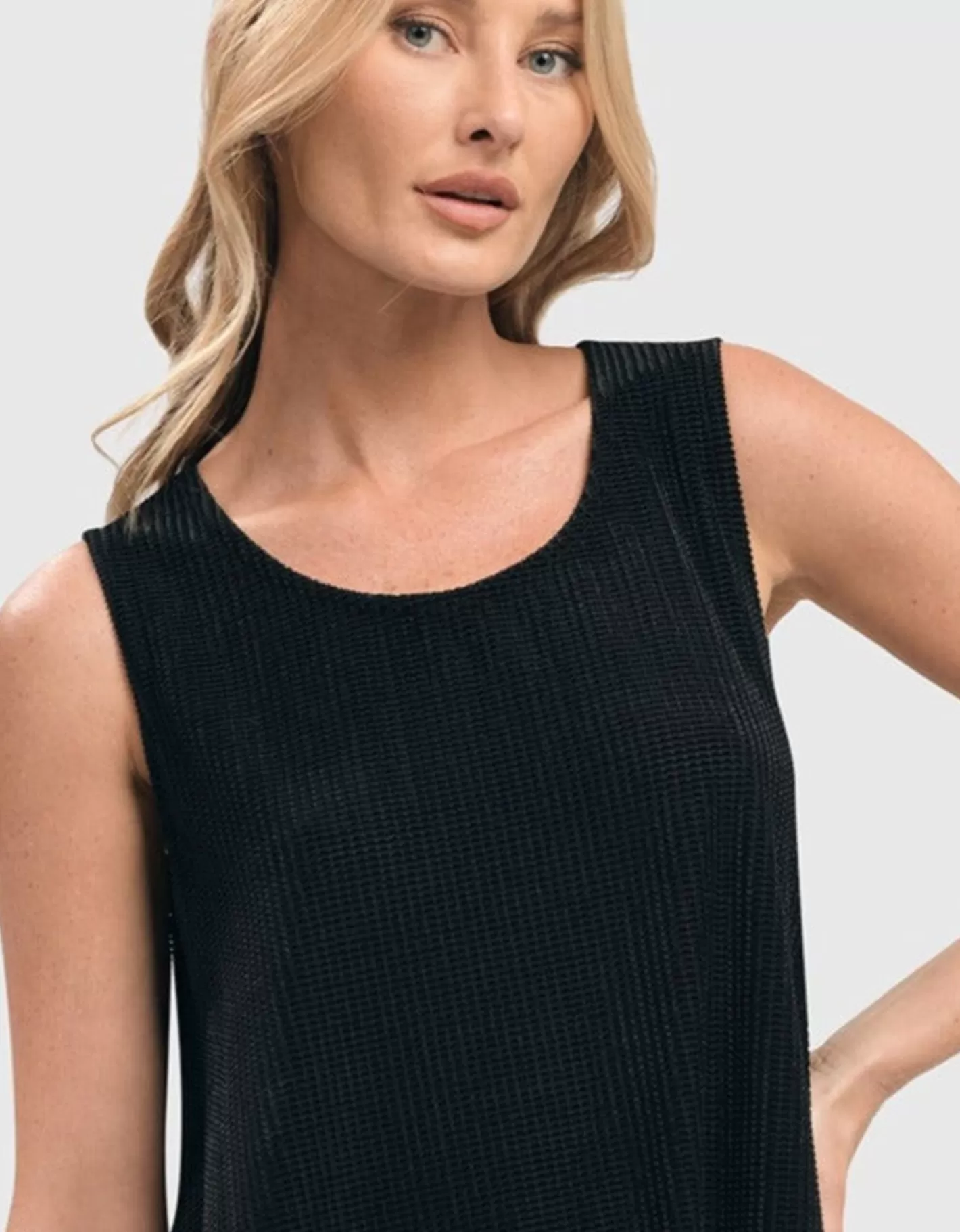 Liv Sleeveless Tunic Top, Black Grid-ALEMBIKA Clearance