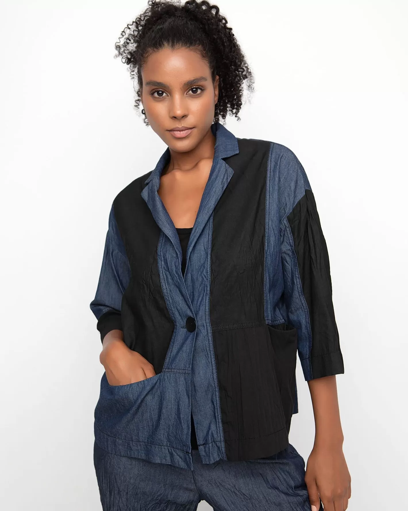 Ozai N Ku Crinkle Patch Shirt Jacket, Denim-ALEMBIKA Cheap