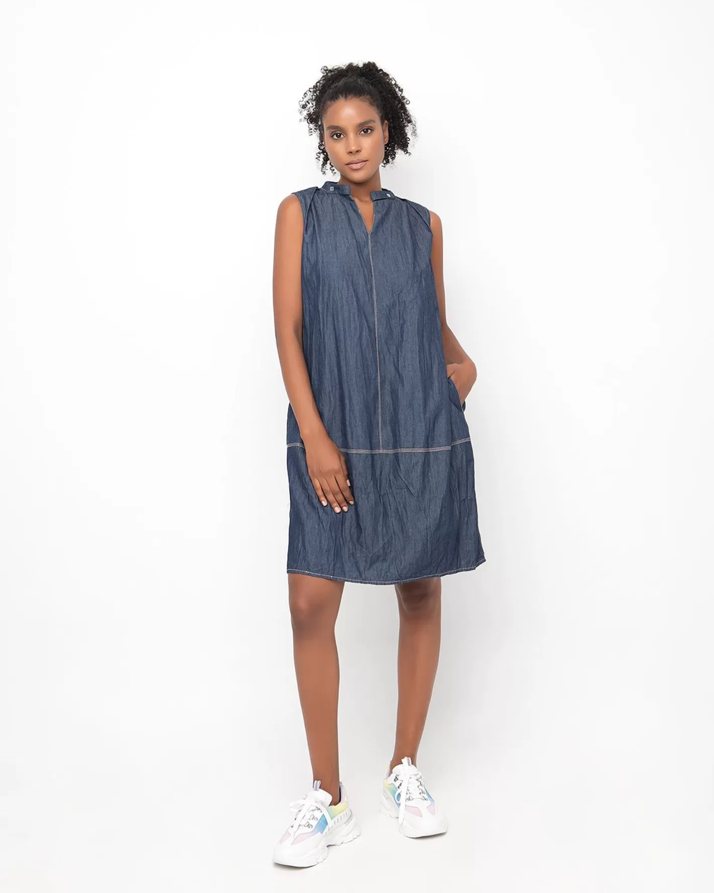 Ozai N Ku Crinkle Shift Dress, Denim-ALEMBIKA Outlet