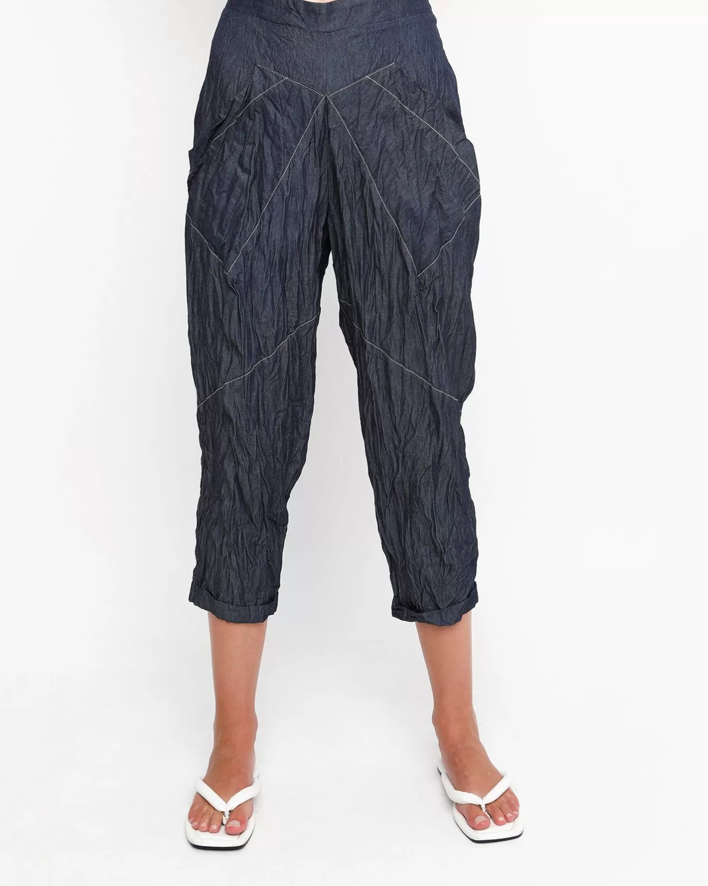 Ozai N Ku Crinkle Stitch Capri Pants, Denim-ALEMBIKA Cheap