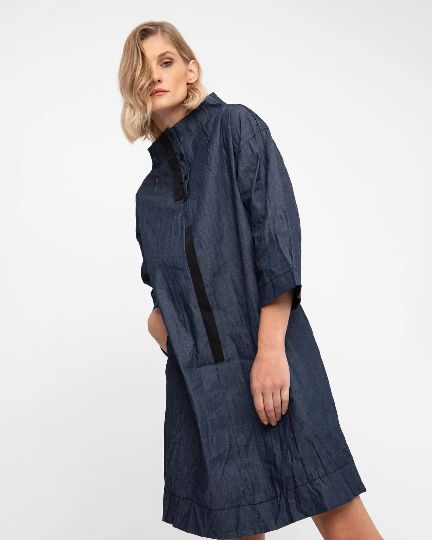 Ozai N Ku Funnel Dress, Denim-ALEMBIKA New