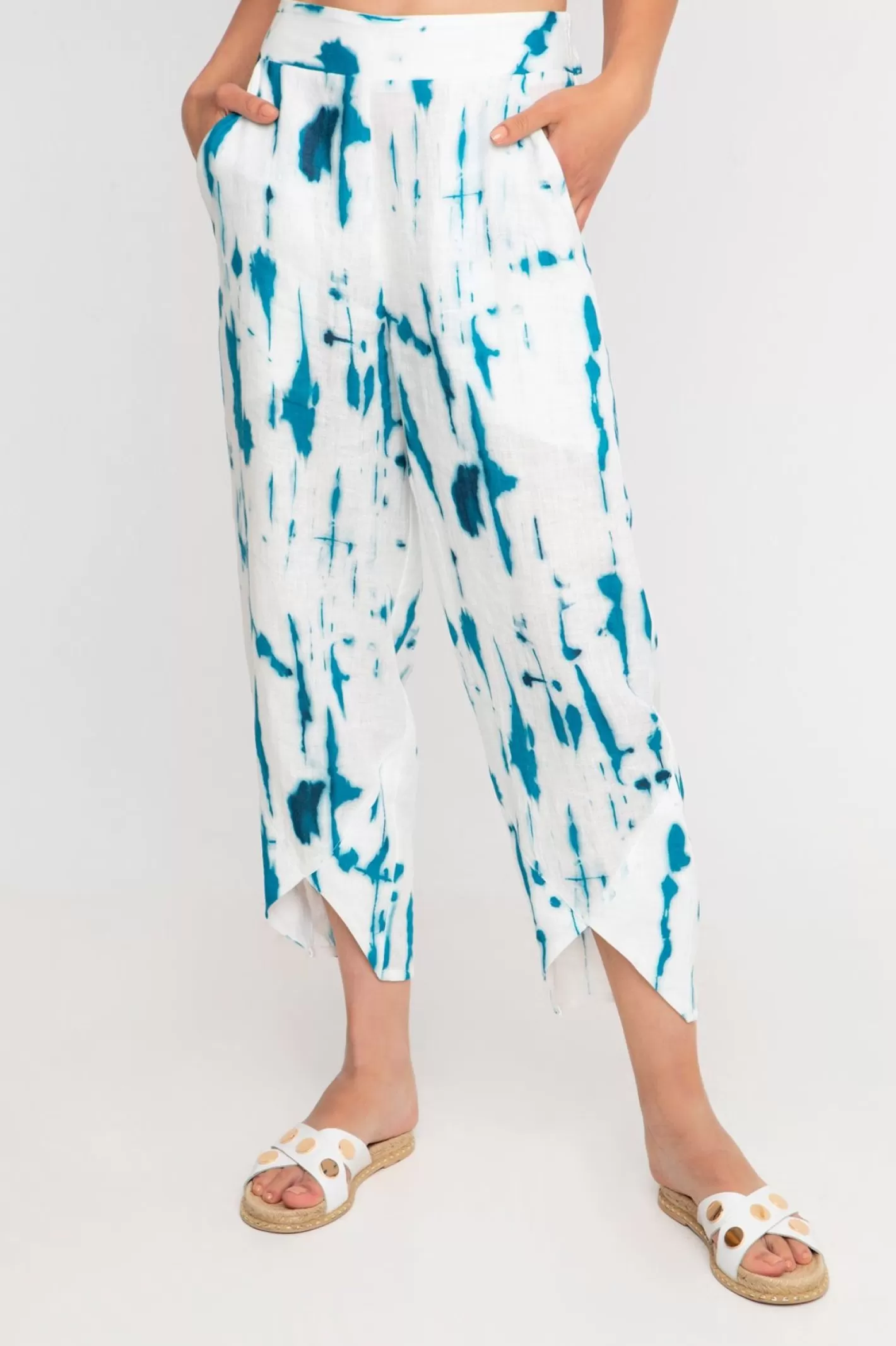 Ozai N Ku Island Linen Tulip Pants, White/Turquoise-ALEMBIKA New