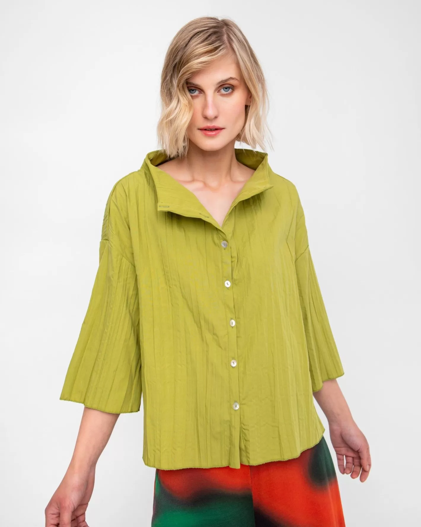 Ozai N Ku Pleated Crinkle Funnel Top, Olive-ALEMBIKA Store