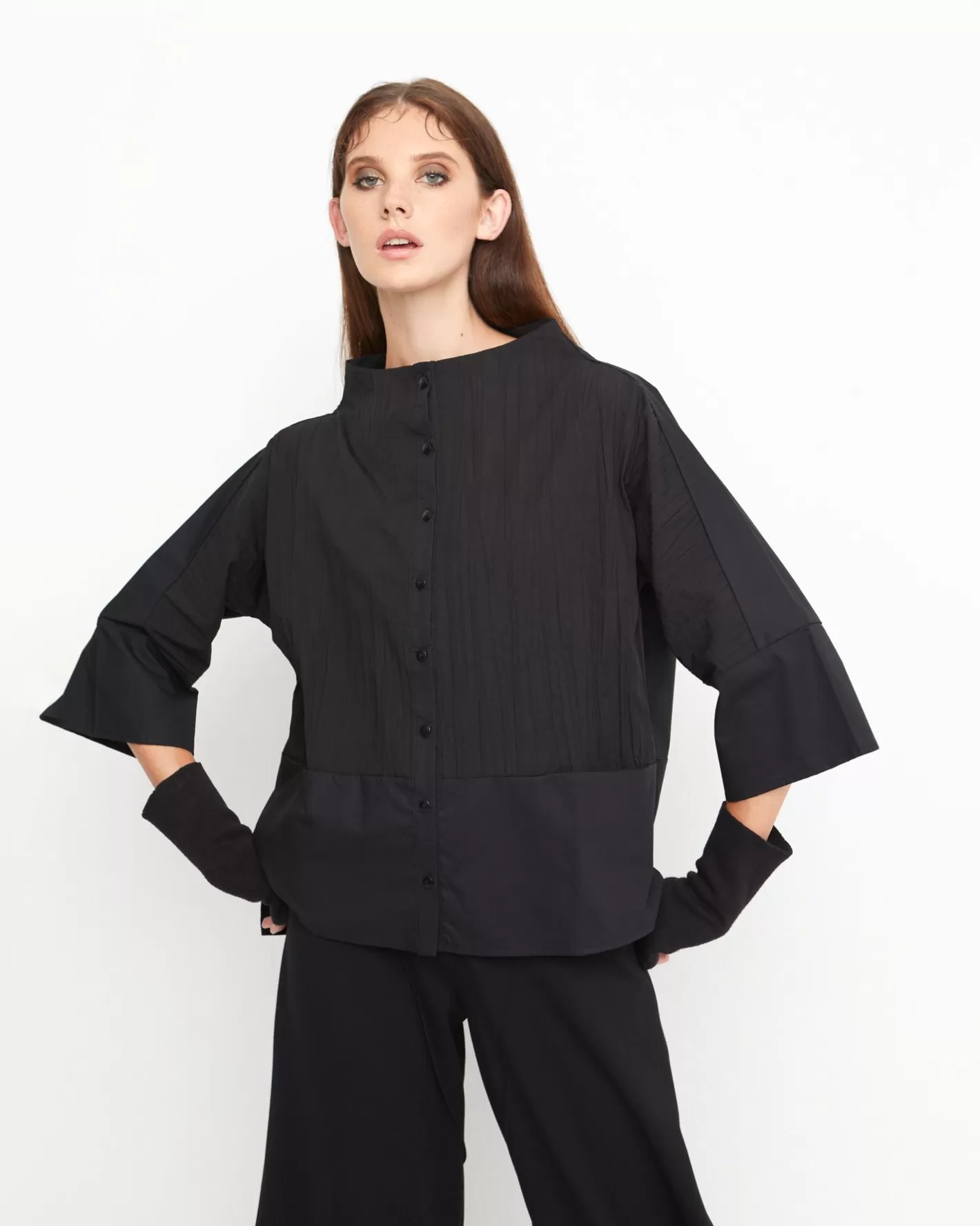 Ozai N Ku Silky Boxy Shirt, Black-ALEMBIKA Shop