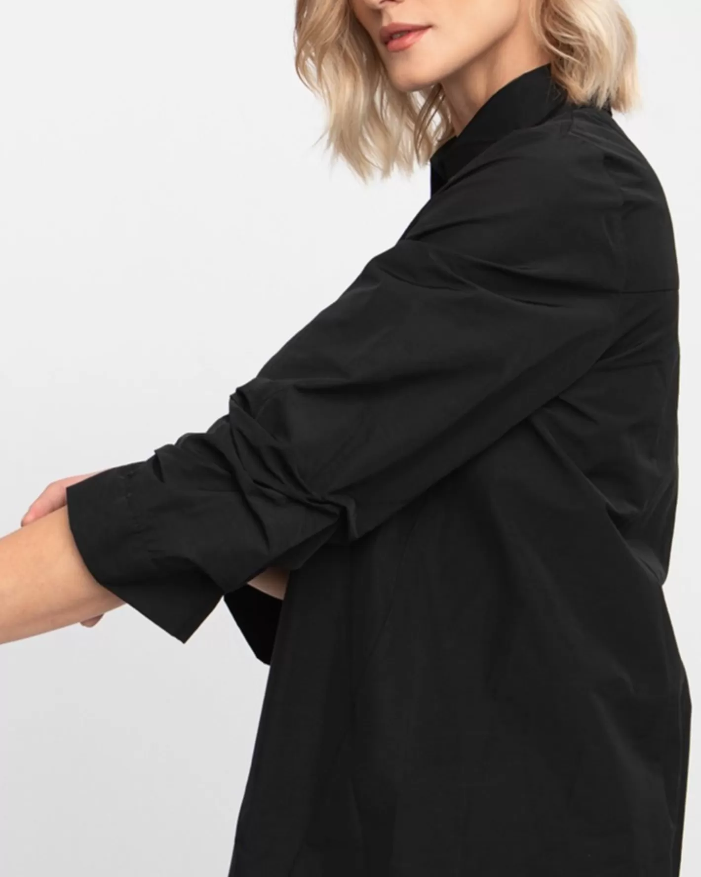 Ozai N Ku Taffeta Scrunch Sleeve Shirt, Black-ALEMBIKA Clearance