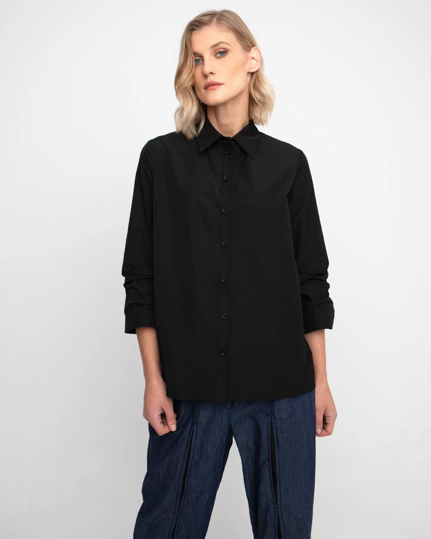 Ozai N Ku Taffeta Scrunch Sleeve Shirt, Black-ALEMBIKA Clearance