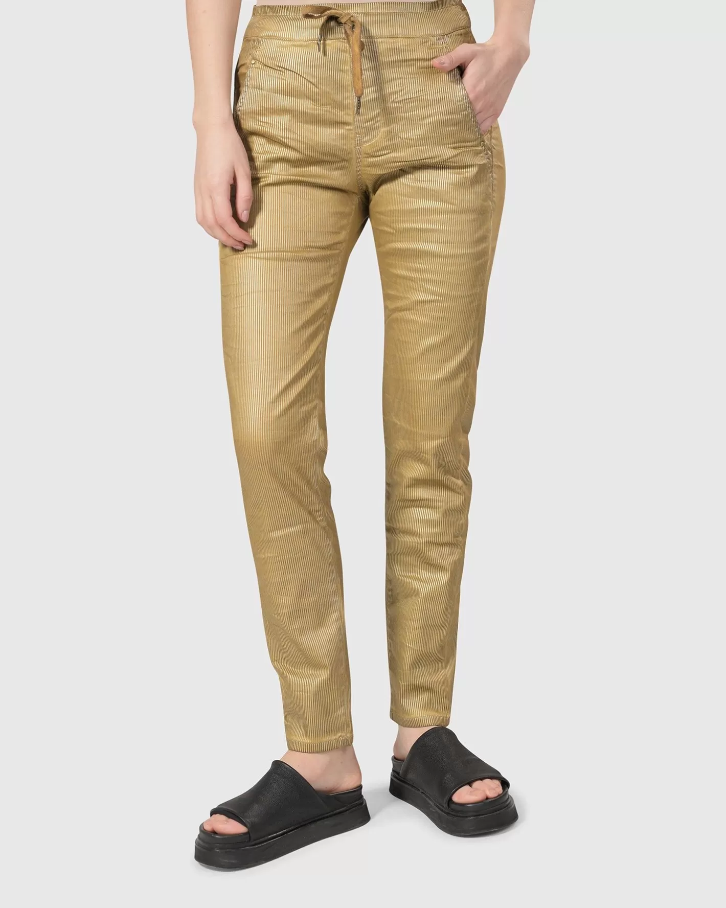 Pinstripe Iconic Stretch Jeans, Gold-ALEMBIKA Fashion