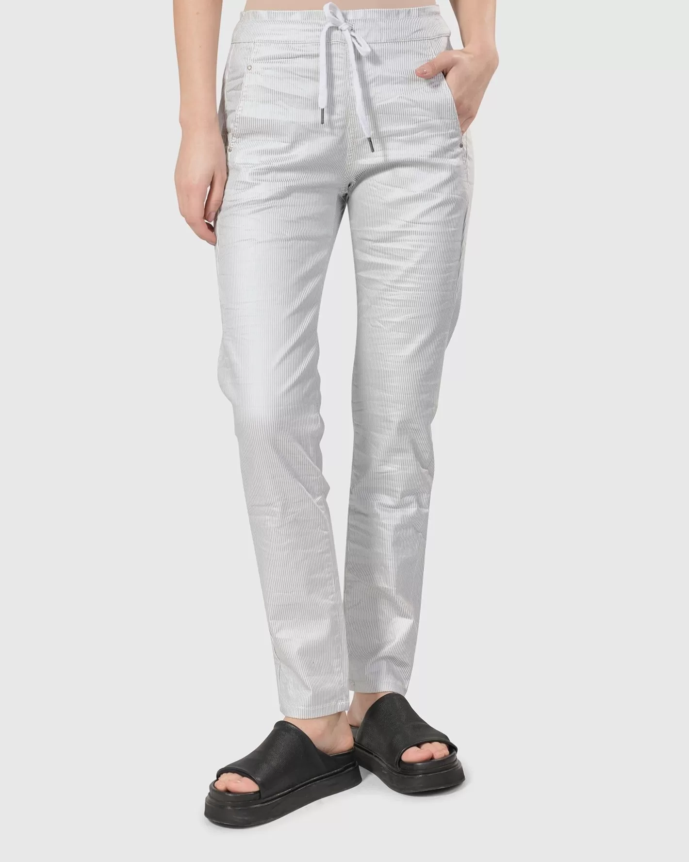 Pinstripe Iconic Stretch Jeans, Silver/White-ALEMBIKA Online