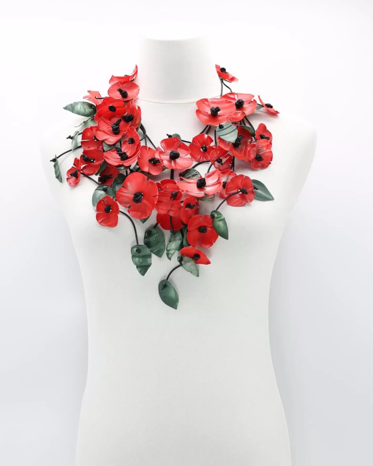 Poppy & Green Leaf Necklace, Red-ALEMBIKA Shop