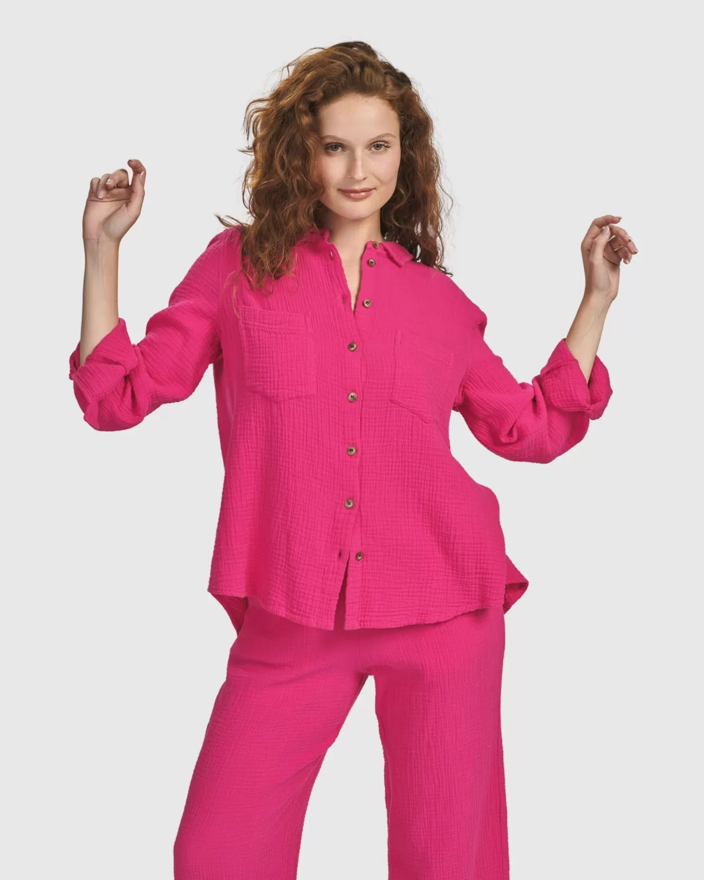 Recreation Button Down Top, Fuchsia-ALEMBIKA Online