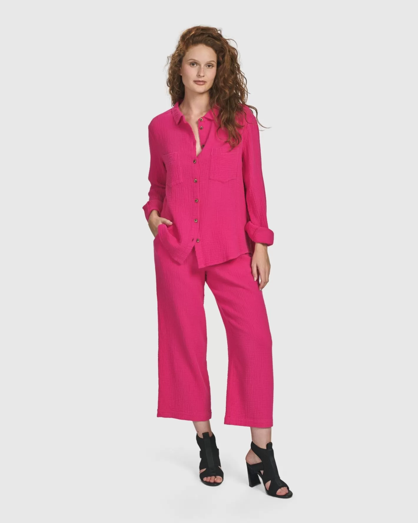 Recreation Button Down Top, Fuchsia-ALEMBIKA Online