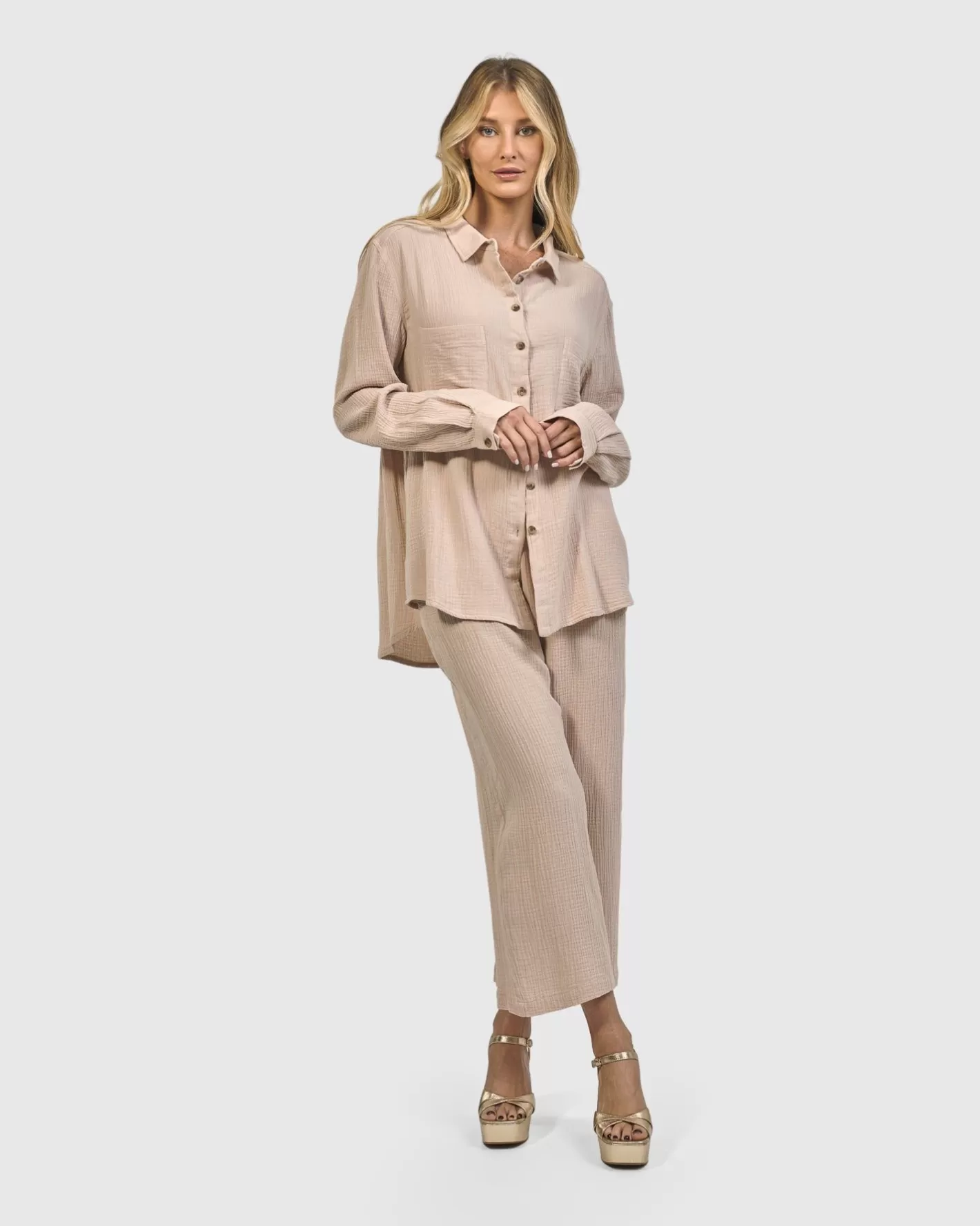 Recreation Button Down Top, Sand-ALEMBIKA Best