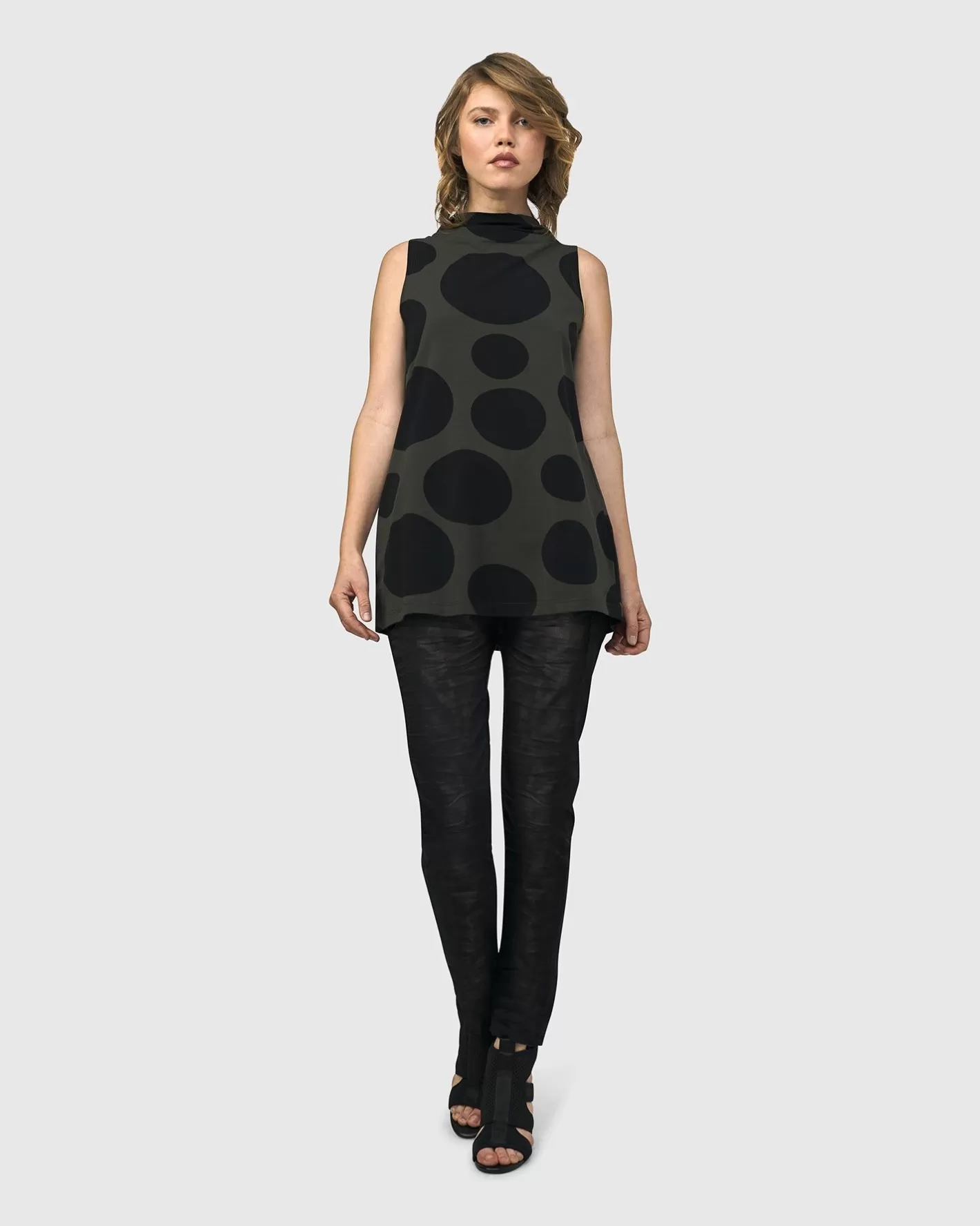 Urban Dots Sleeveless Mockneck Top, Khaki-ALEMBIKA Online