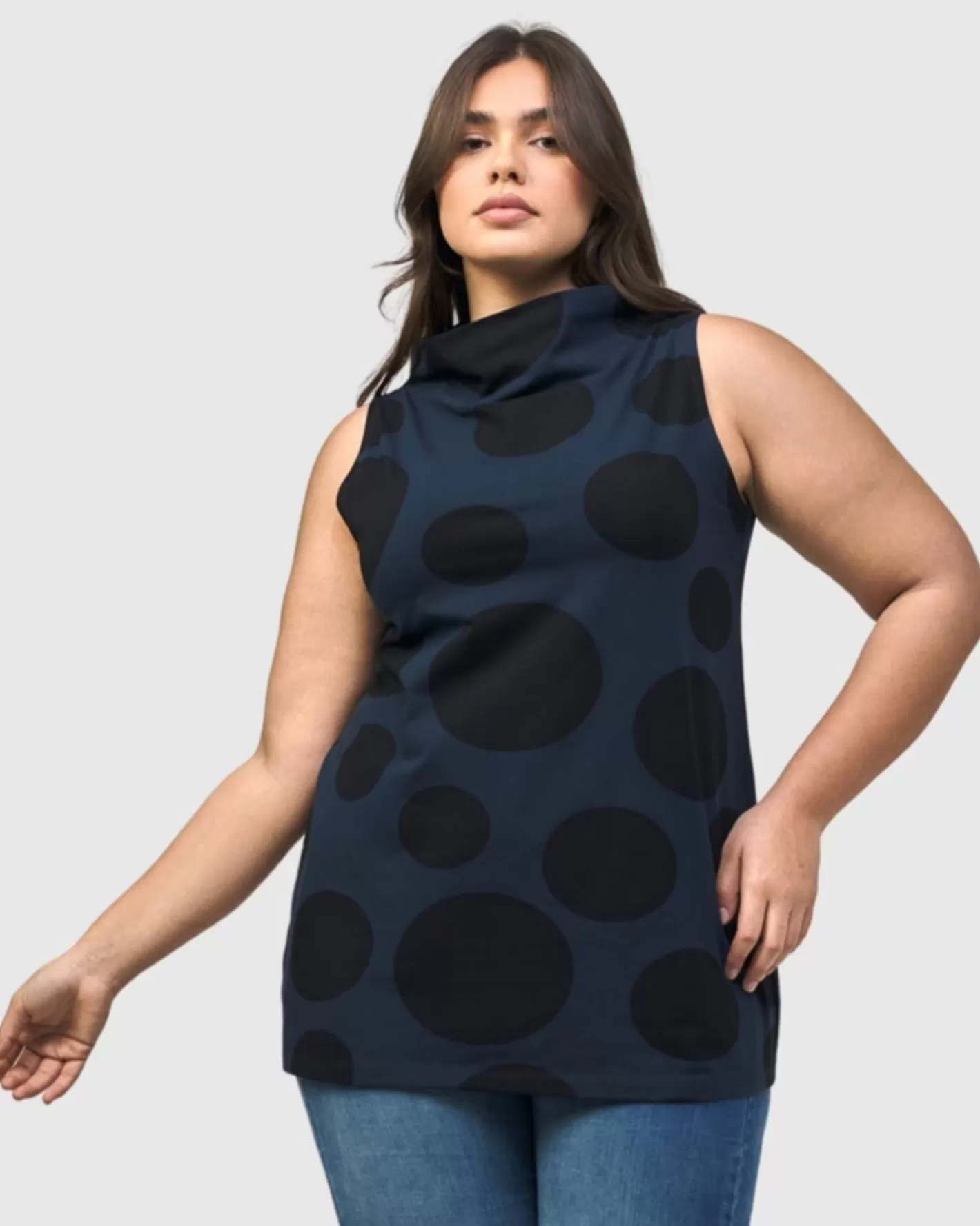 Urban Dots Sleeveless Mockneck Top, Navy-ALEMBIKA Clearance