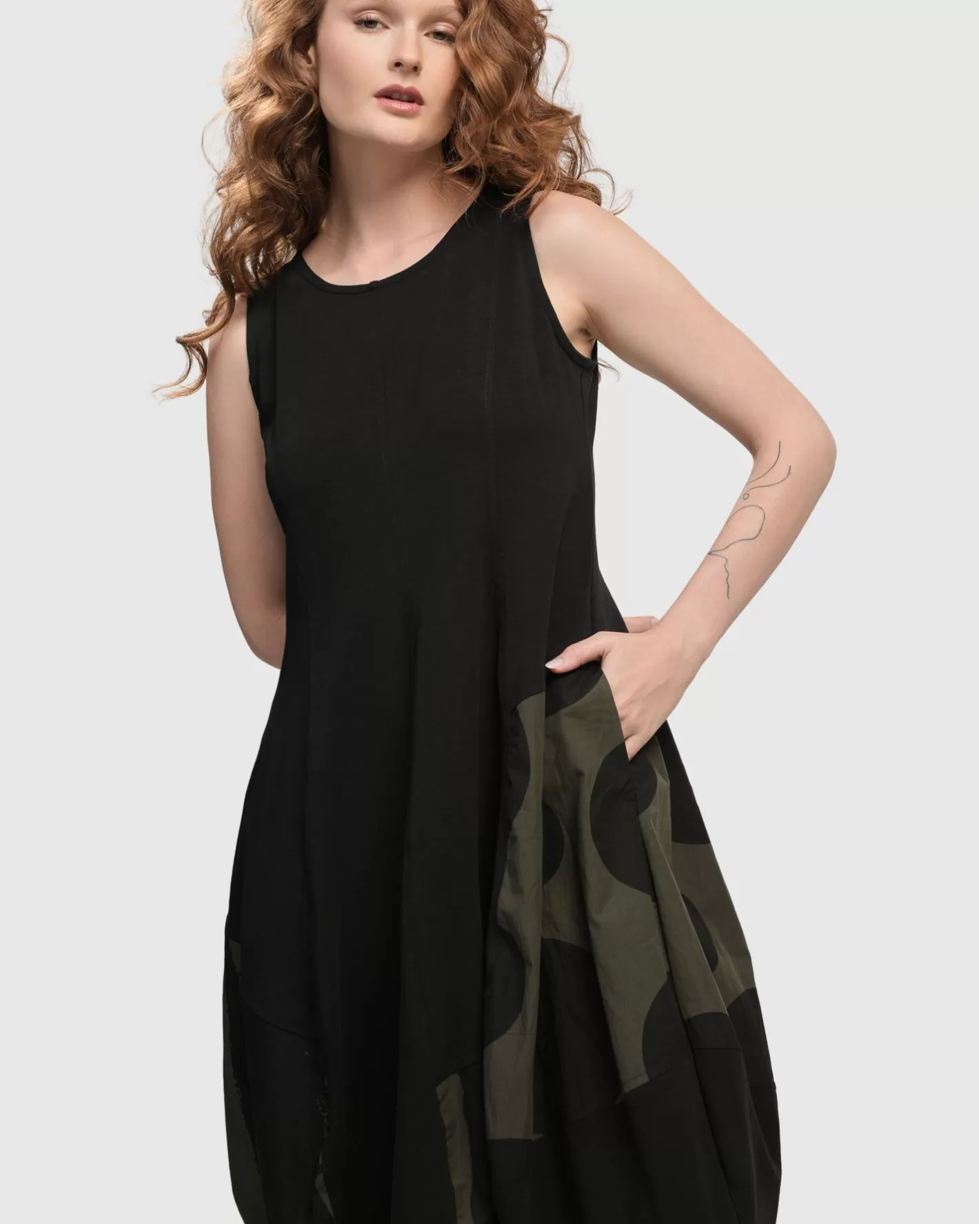 Urban Sleeveless Cocoon Dress, Khaki-ALEMBIKA Outlet